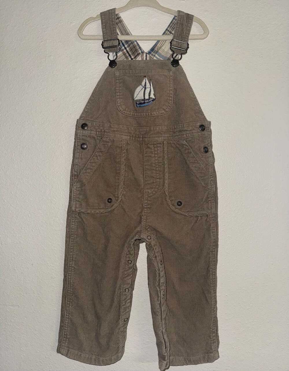 Vintage 2006 Janie and Jack Brown Corduroy Sailboat Embroidered Overalls